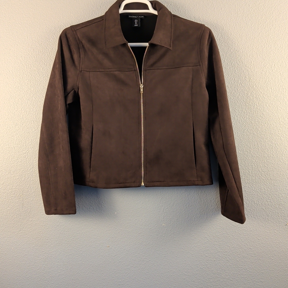 Sincerely Jules Dark Brown Zip-Front Suede-Look Jacket Size Large